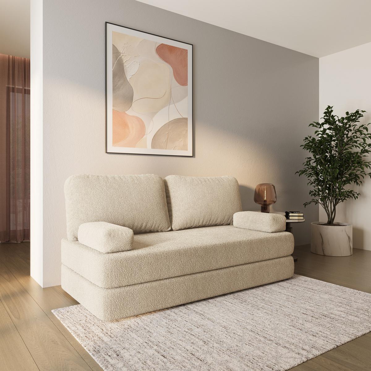 BETTSOFA NIKSI aus Schaumstoff Bucle-Stoff Creme Schlaffunktion - Creme, Textil (170/86/80cm) - MASSENO