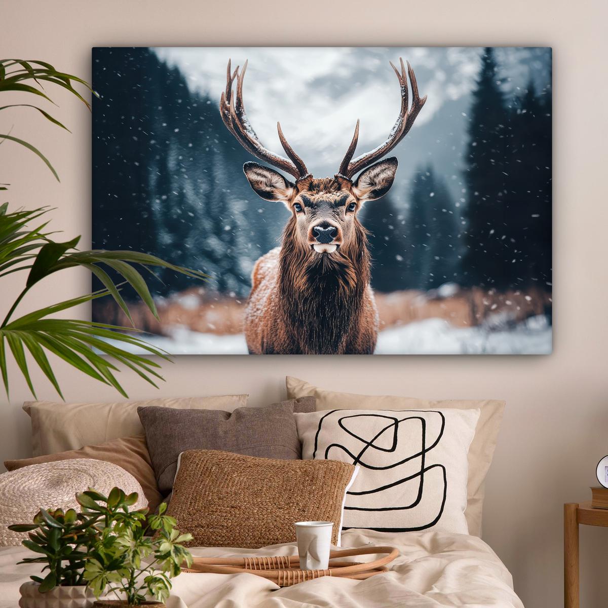 LEINWANDBILD Hirsche - Tiere - Landschaft - Winter - Schnee Wohnzimmer Groß 120x80 cm - Kastanienfarben, Textil (120/80cm) - MuchoWow