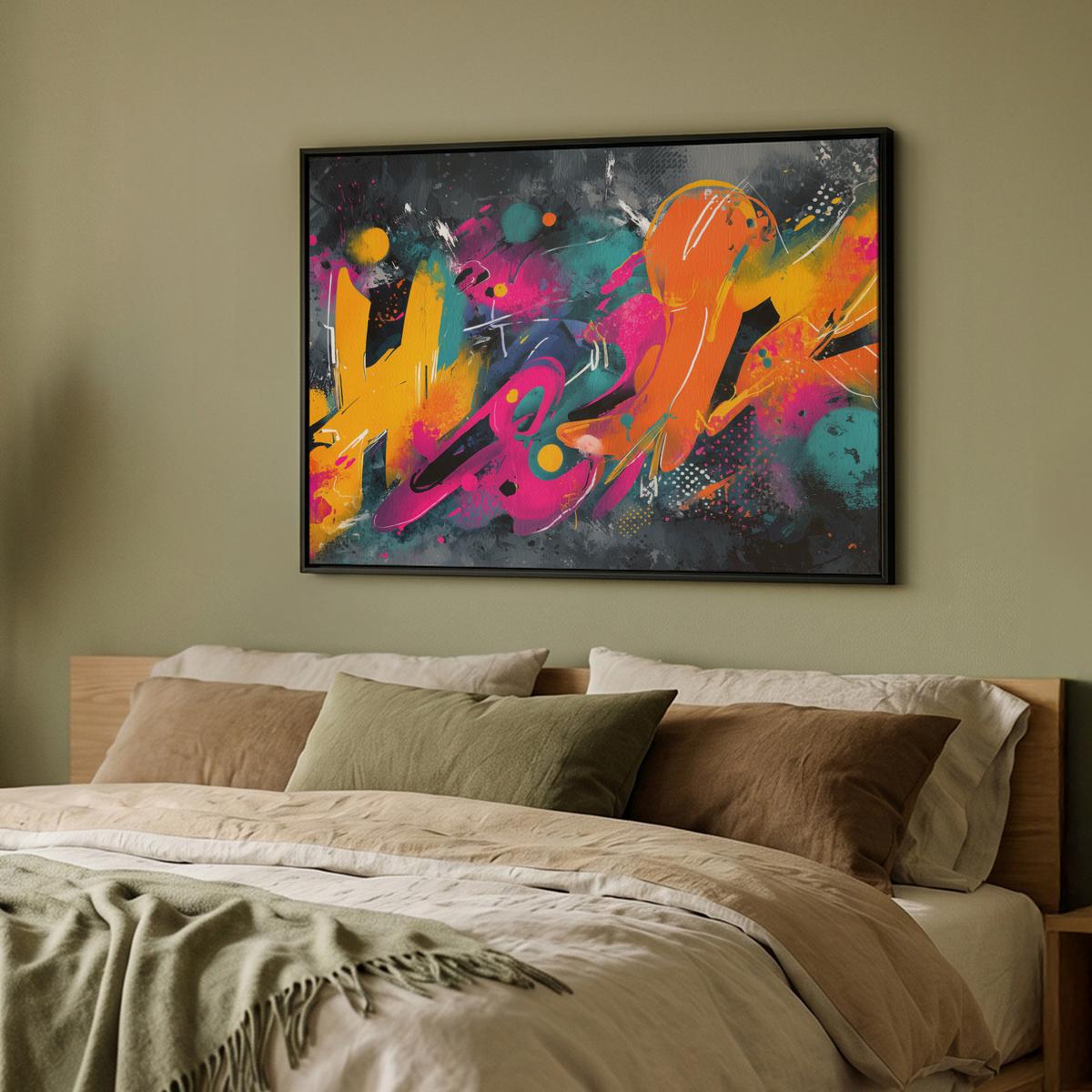 LEINWAND Bilder mit Rahmen - Abstrakt - Graffiti - Farbenfroh - Farbspritzer - 100x70 - Multicolor, Textil (100/70cm) - MuchoWow