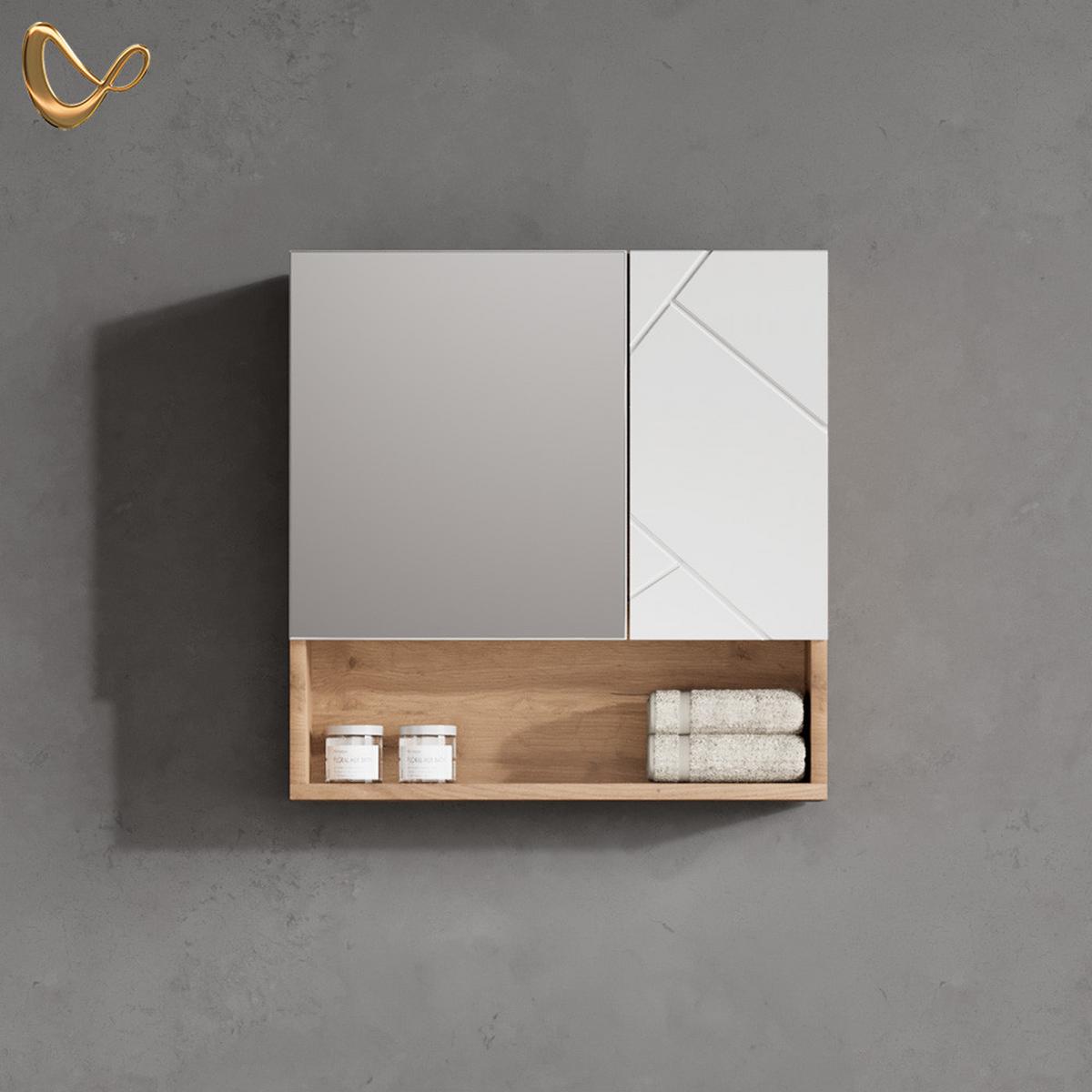 BADSPIEGELSCHRANK Ronco Weiß Hochglanz/Goldkraft Eiche 54 x 55 cm - Honigeiche/Weiß Hochglanz, Holzwerkstoff (54/55/16.9cm) - Livinity®