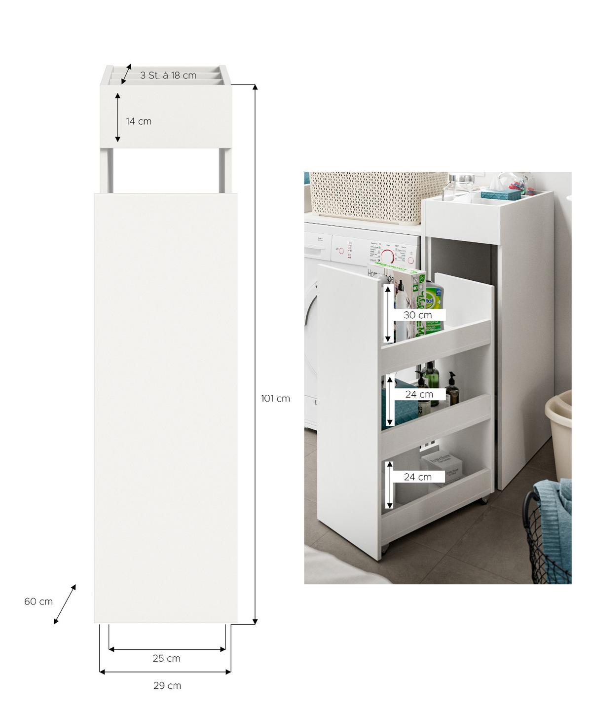 BADKOMMODE weiß 29 cm, Anstellregal mit Apothekerauszug - Schwarz/Weiß, Holzwerkstoff (29/101/60cm) - Inn.Furn