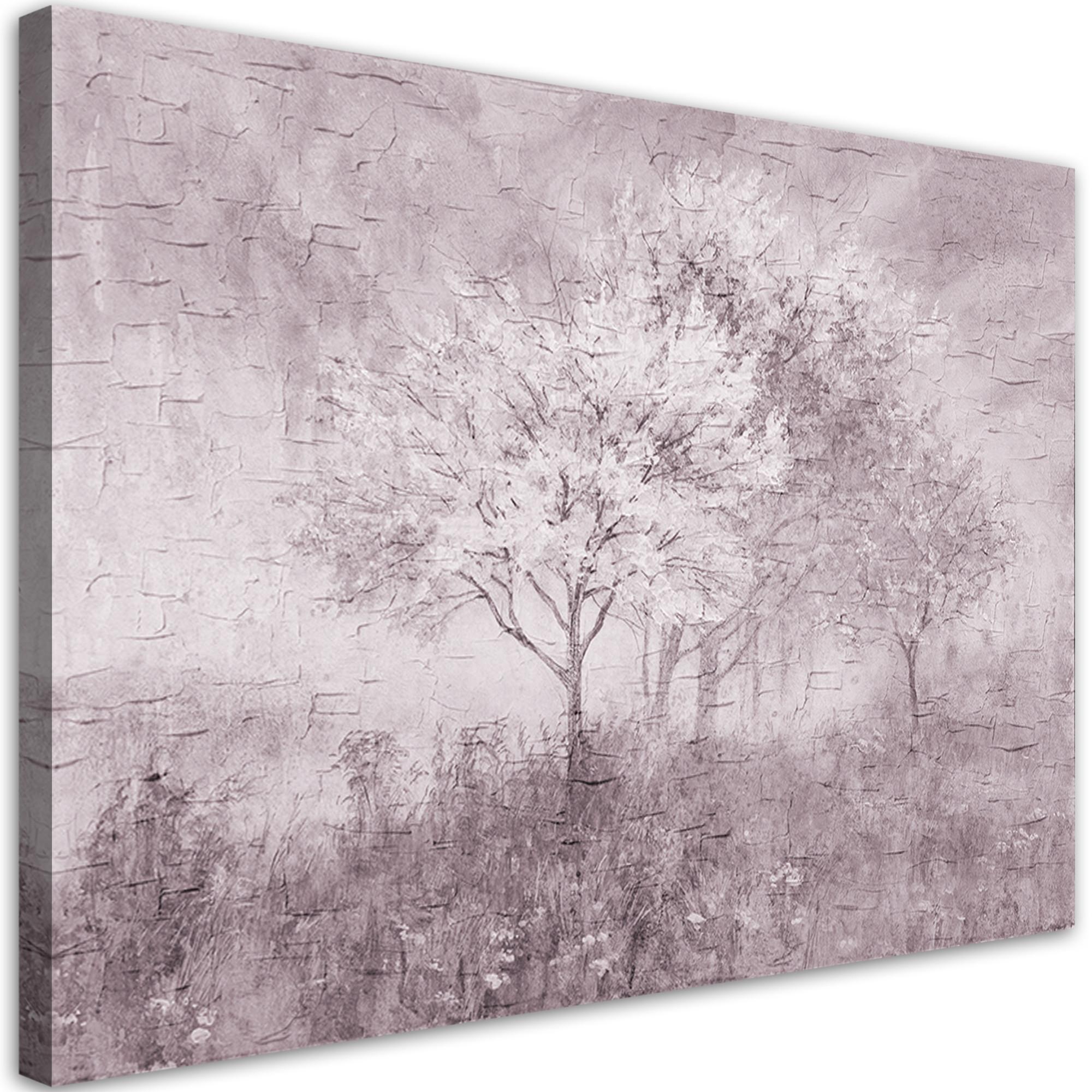 WANDBILD ein blühender baum in der wiese old schwarz und weiß - Schwarz, Textil (60/40cm) - Feeby