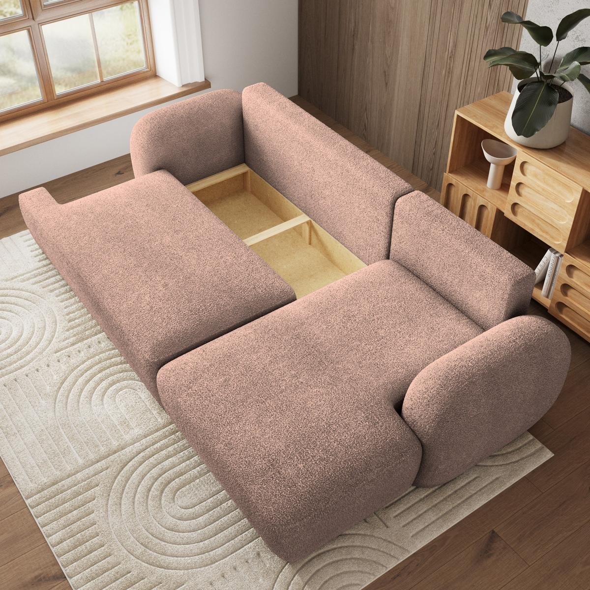 ECKSOFA MODENZA N R-S Rosa Boucle-Stoff mit Schlaffunktion - Schwarz/Rosa, Holz/Kunststoff (266/148cm) - MASSENO