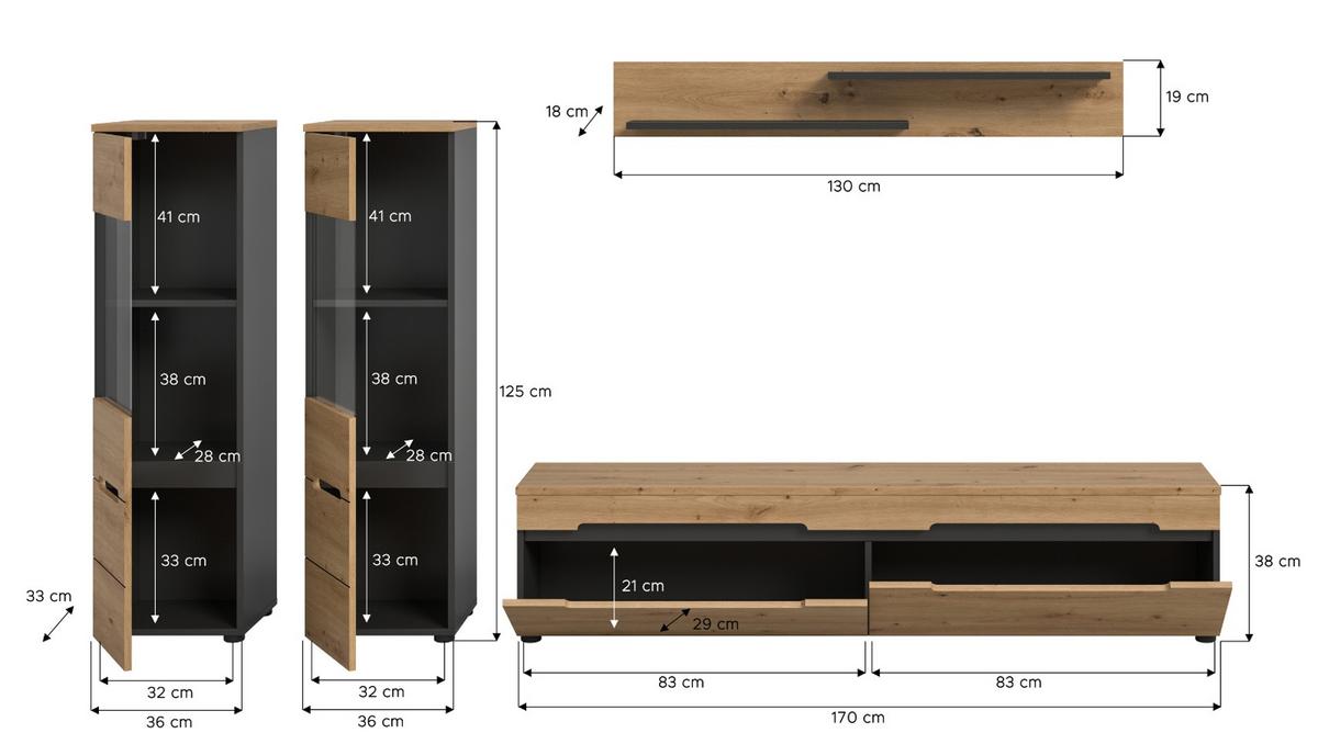WOHNWAND Eiche Artisan und Grau, Schrankwand 270 cm hängend oder stehend, Soft-Close - Schwarz/Eiche Artisan, Glas/Holzwerkstoff (272/141/33cm)