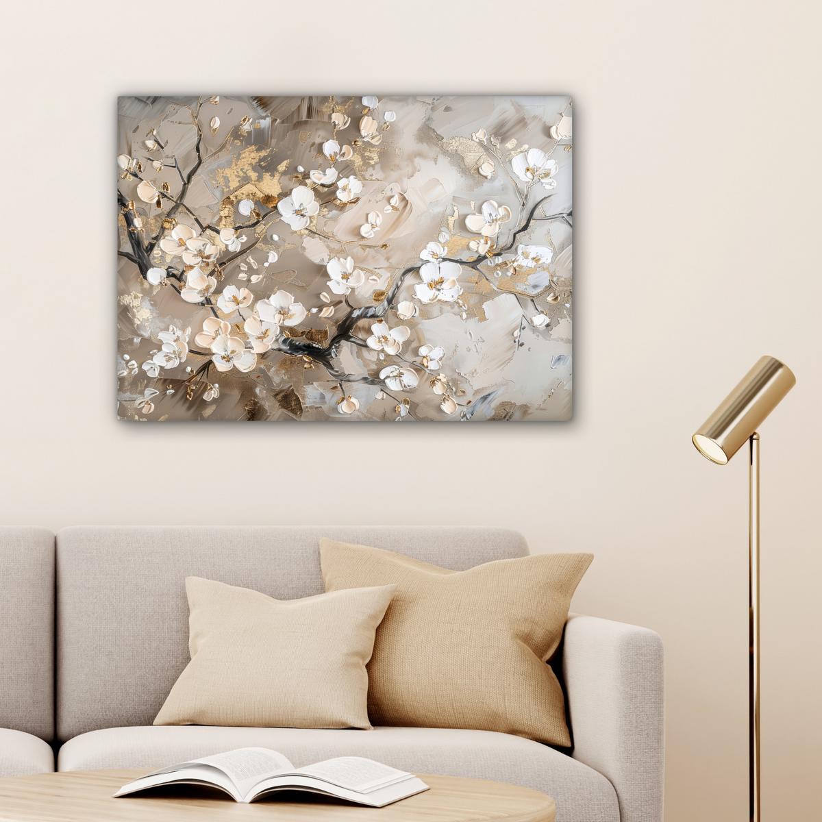 LEINWANDBILD Blumen - Weiß - Gold - Beige - Luxus Wandbilder 80x60 cm - Greige, Textil (80/60cm) - MuchoWow