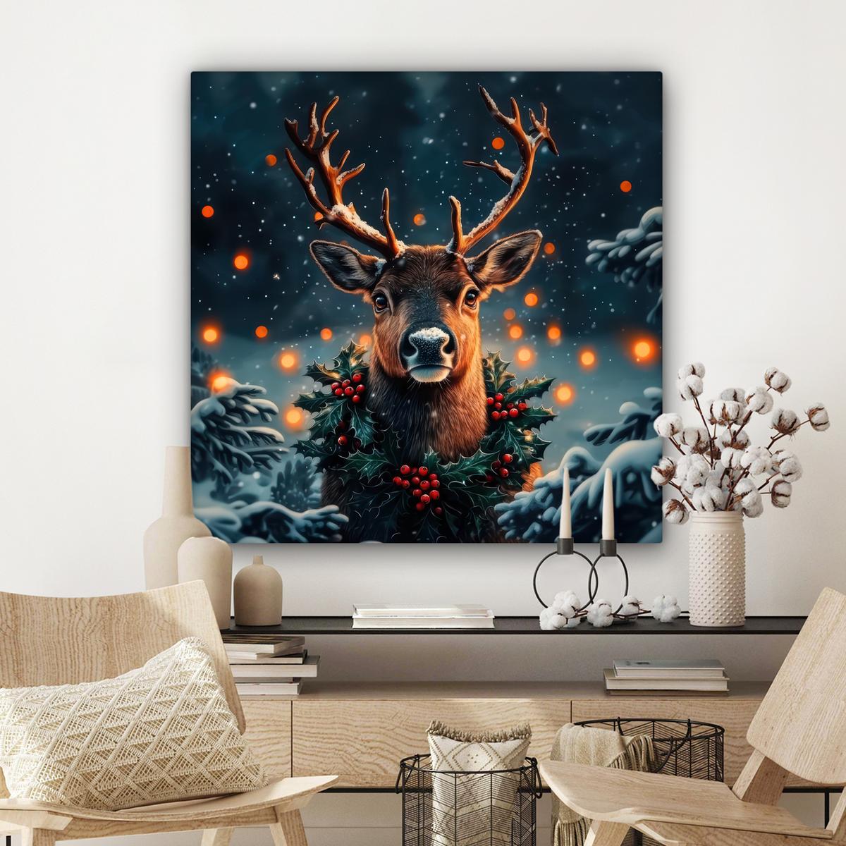 LEINWANDBILD Hirsch - Weihnachten - Winter - Schnee - Weihnachtskranz Deko Groß 90x90 cm - Dunkelbraun, Textil (90/90cm) - MuchoWow