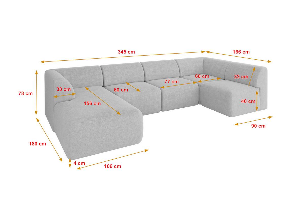 WOHNLANDSCHAFT Ottomane Links MOVO-L 345x180x78 cm Hellgrau Tissu - Nickelfarben, Holzwerkstoff/Kunststoff (345/78/180cm) - ALTDECOR