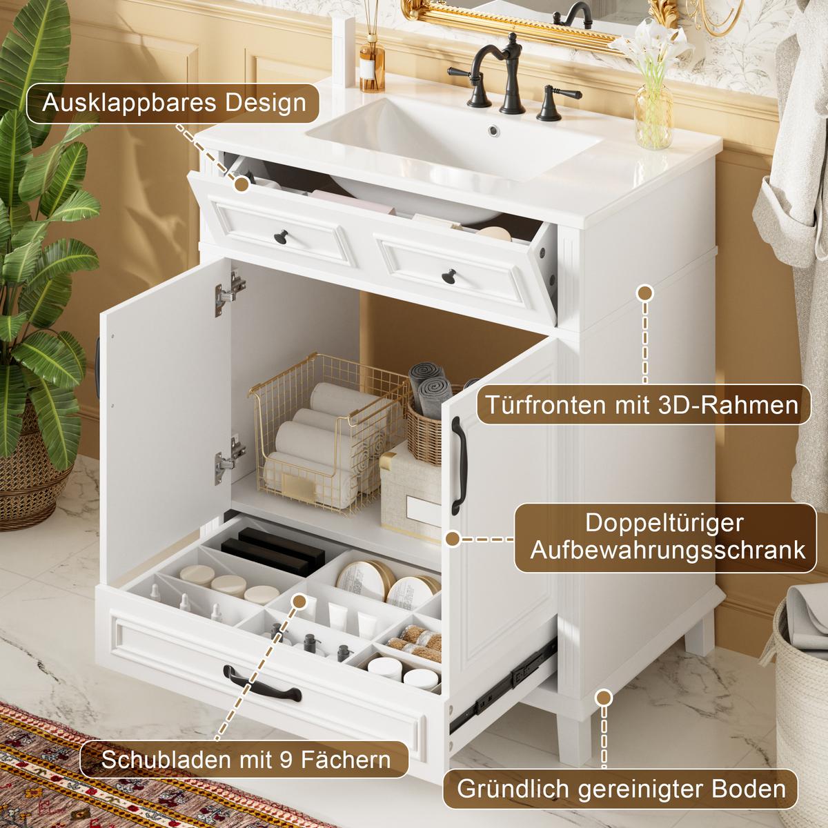 WASCHTISCH Freistehend Weiß mit Keramikbecken & 9 Fächern - Weiß, Holzwerkstoff (77/86/46cm) - Urban Meuble