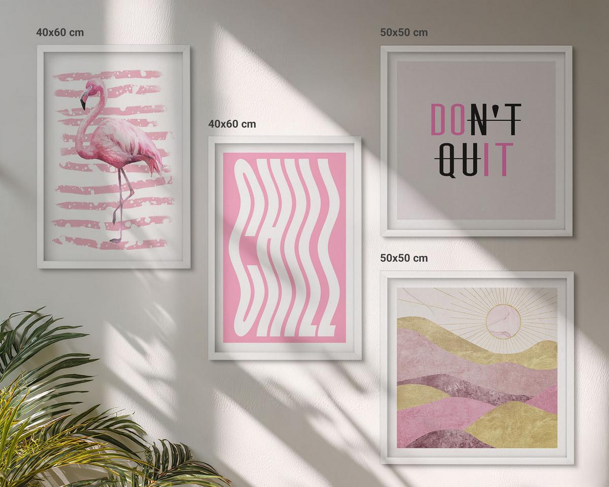 BILDER SET 4er Set - 50x50 cm & 40x60 cm Weißer Rahmen - Pastellfarbene Berglandschaft mit rosa Flamingos - Weiß, Kunststoff (50/50cm) - TULUP