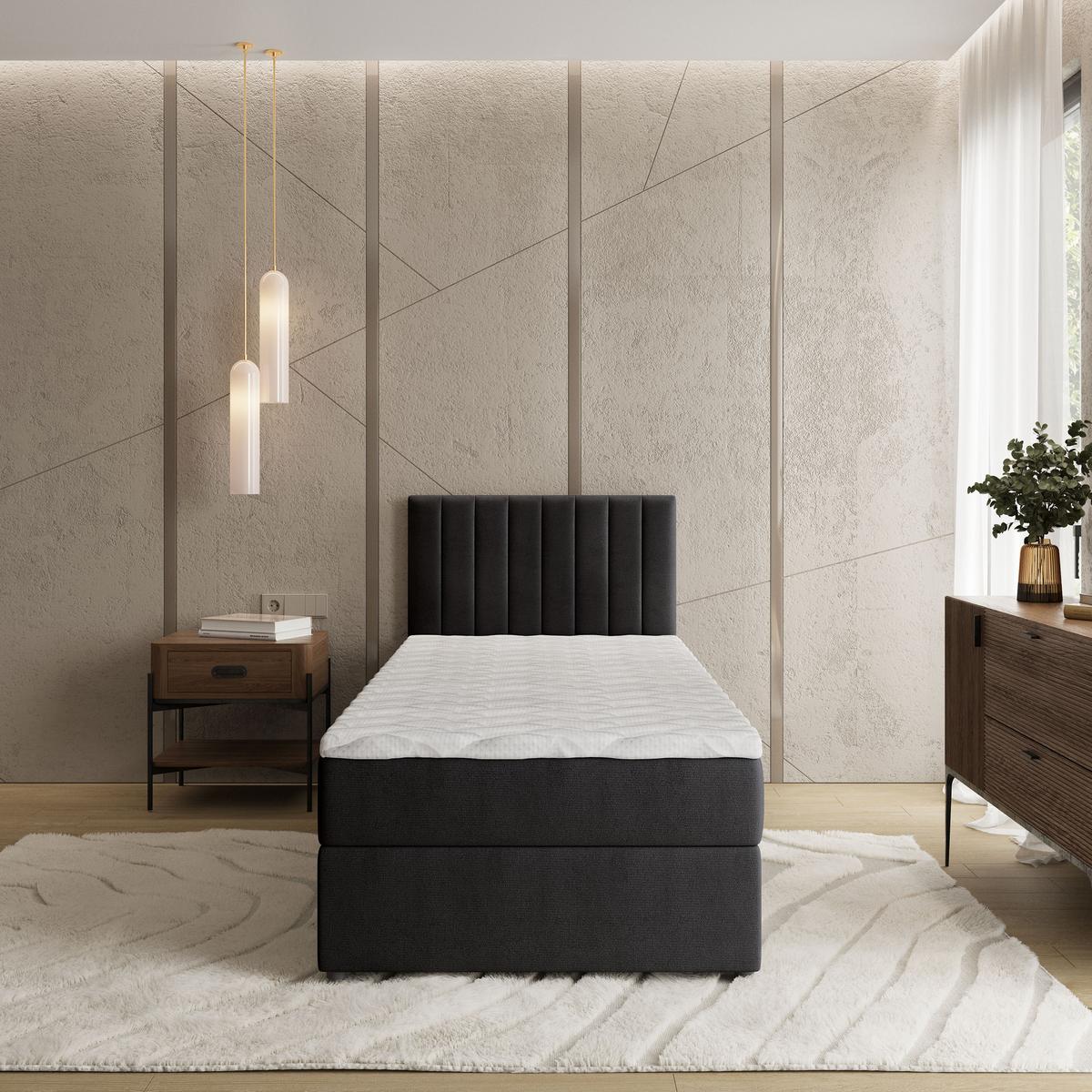 BOXBETT BRESEL 100 100x200 cm mit Matratze und Topper, H2+H3 - Schwarz - Schwarz, Holz (100/200cm) - MASSENO