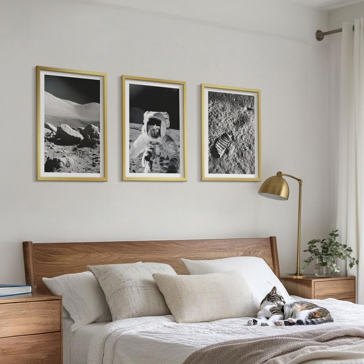 BILDER SET 3er Set - 40x60 cm Goldrahmen - NASA-Fotos vom Mond Astronaut - Goldfarben, Kunststoff (40/60cm) - TULUP
