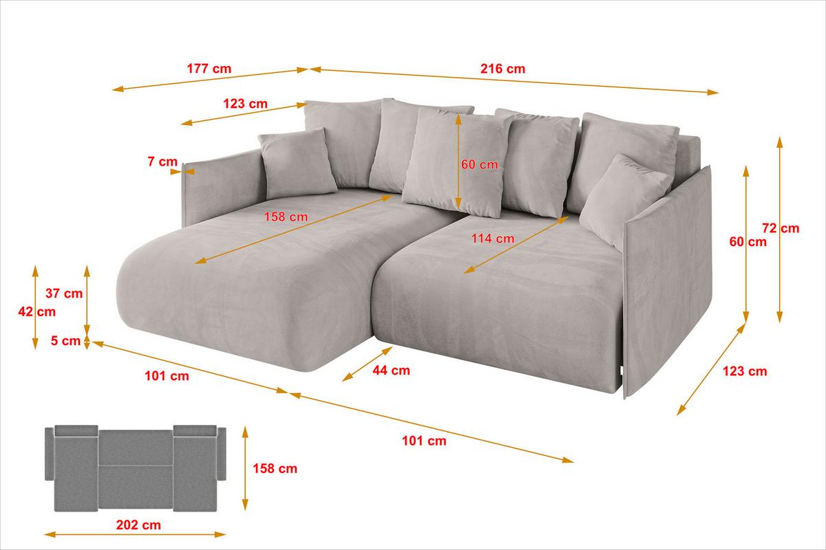 ECKSOFA Ottomane links ONESK-L 216x177x72 Hellbraun Velours - Hellbraun, Holzwerkstoff/Kunststoff (216/177cm) - ALTDECOR