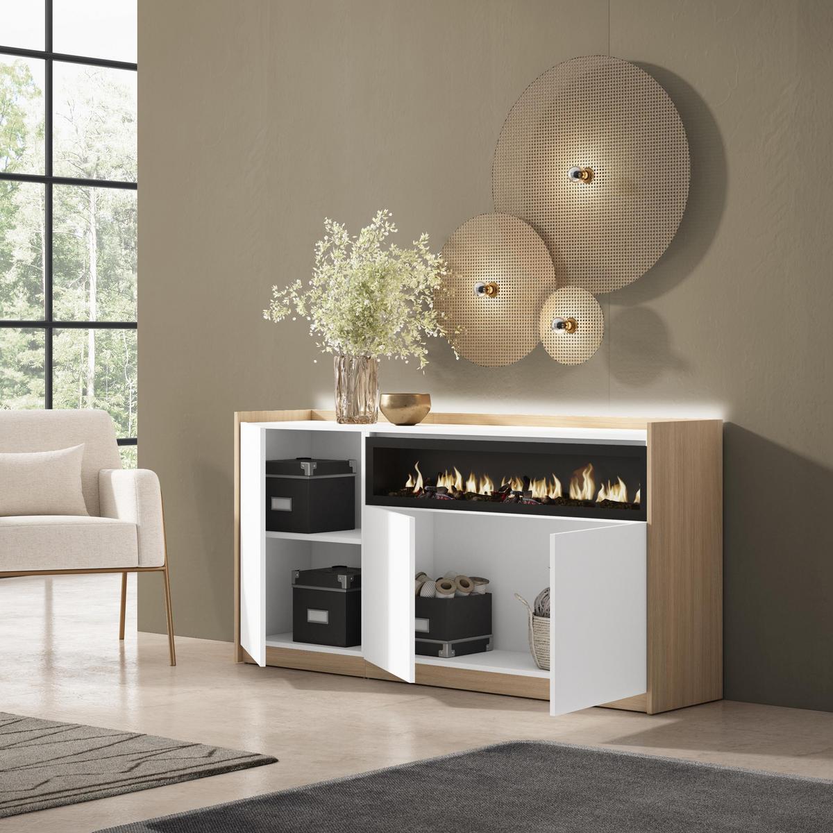 SIDEBOARD, Weiß und Eiche, 156/37/80cm, Kamin mit Feuereffekt - Weiß, Holzwerkstoff (156/80/37cm) - Skraut Home