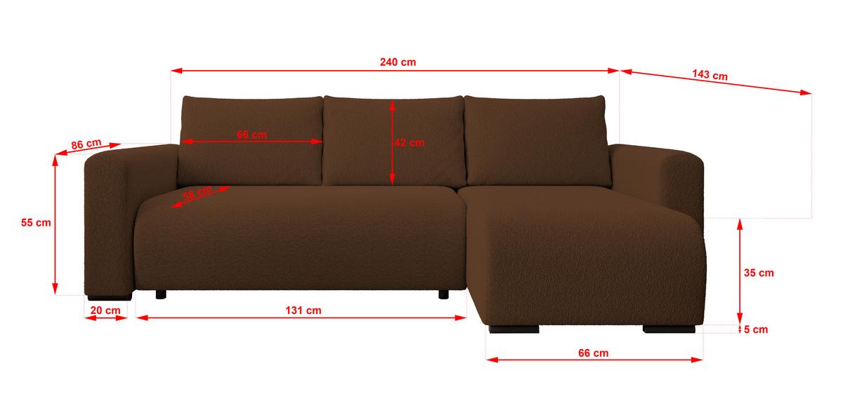 ECKSOFA DORA L, Eckcouch in L-Form mit Schlaffunktion und Bettkasten, Farbe: Braun, Bouclé-Stoff, Ottomane Rechts - Braun, Textil (240/143cm) - Storez24