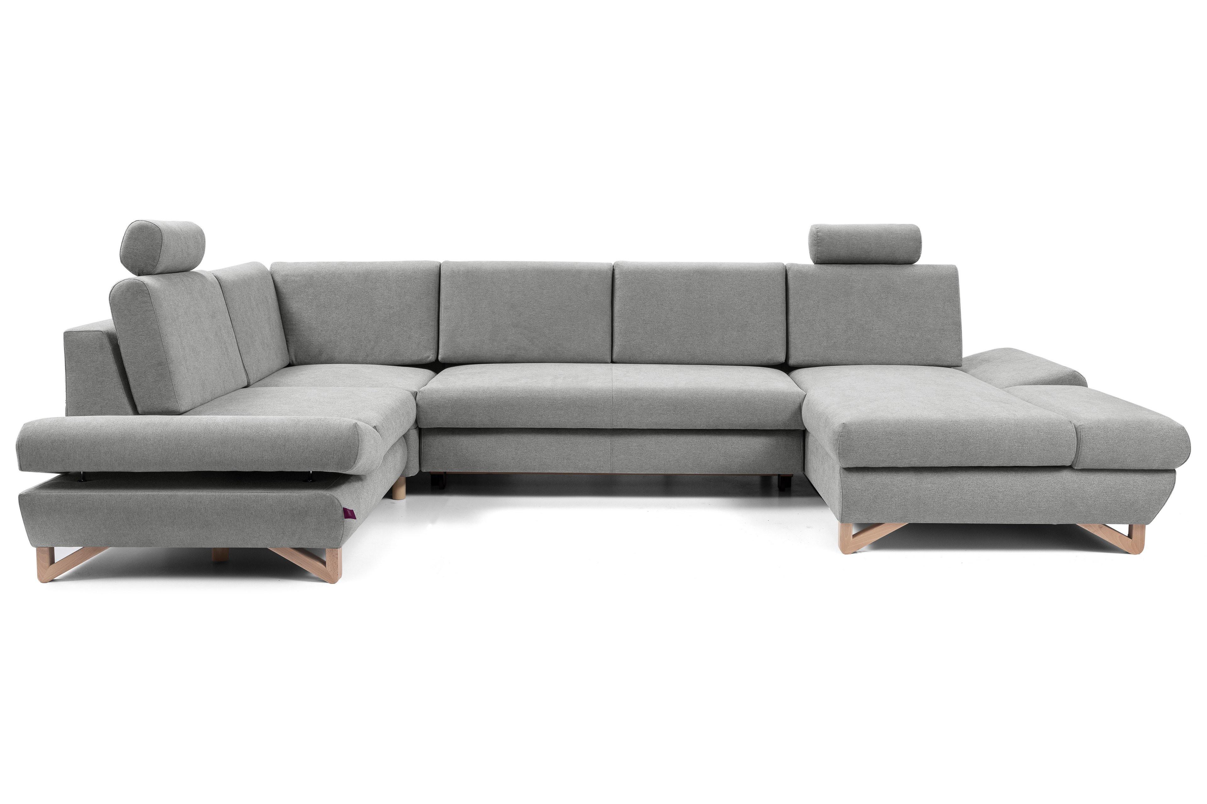 WOHNLANDSCHAFT CASA IV L-S Grau Plüsch-Stoff mit Schlaffunktion - Grau, Holz (344/100/199cm) - MASSENO