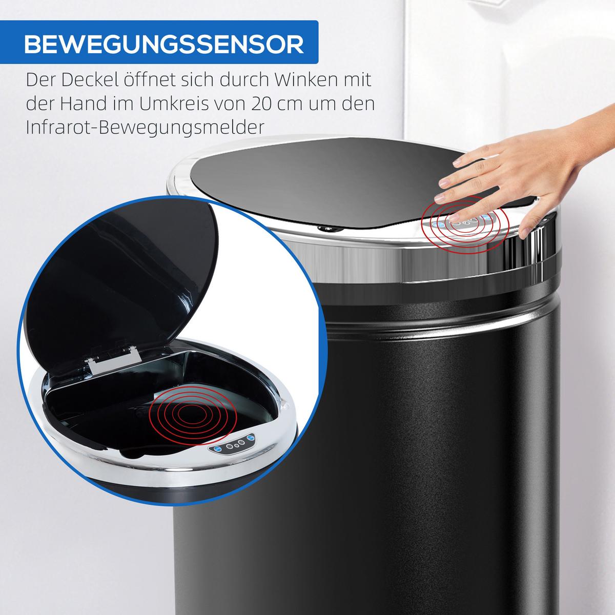 SENSOR-MÜLLEIMER 42L, Elektrisch Automatischer Abfalleimer mit Deckel, Rostfrei - Schwarz, Metall (30.5/68/30.5cm) - HOMCOM