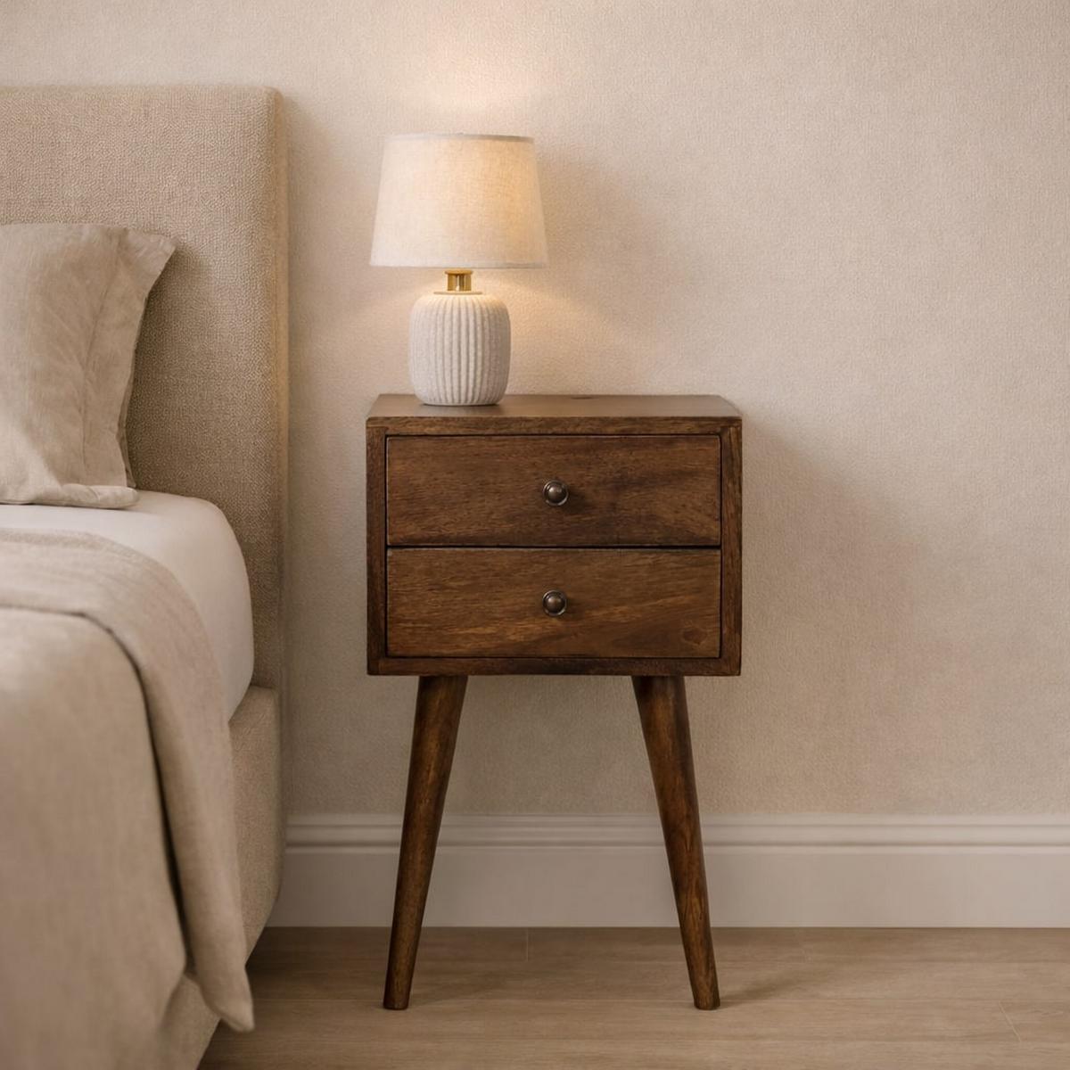 NACHTTISCH Nordic 2 Schubladen Klassisches Grau - Dunkelbraun/Messingfarben, Mangoholz/Holz (30/57/30cm) - Artisan Furniture
