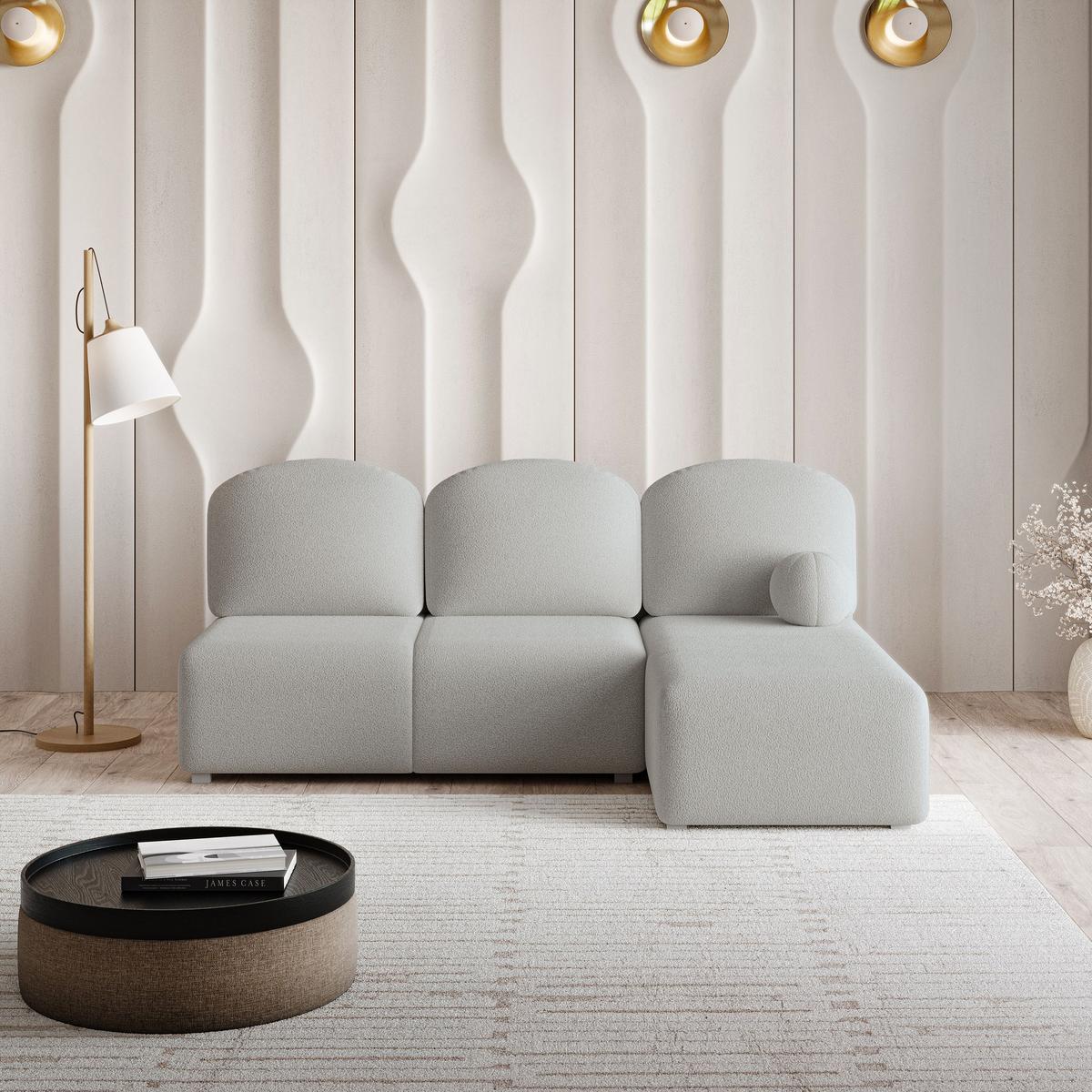 ECKSOFA TRAMA Hellgrau Boucle-Stoff mit Schlaffunktion - Hellgrau, Holz (200/143cm) - MASSENO