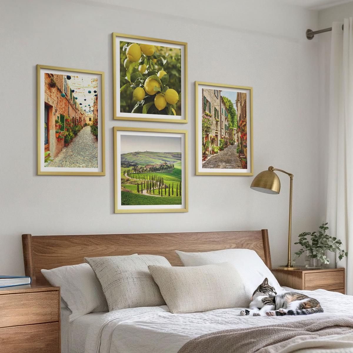 BILDER SET 4er Set - 50x50 cm & 40x60 cm Goldrahmen - Bezaubernde Straßen voller Zitronenblüten - Goldfarben, Kunststoff (50/50cm) - TULUP
