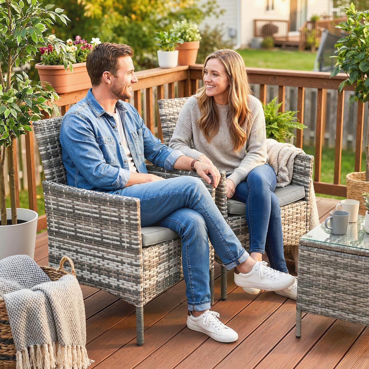 RATTANSTÜHLE 2er Set PE-Rattan Stahl Grau - Grau, Textil/Metall - Outsunny