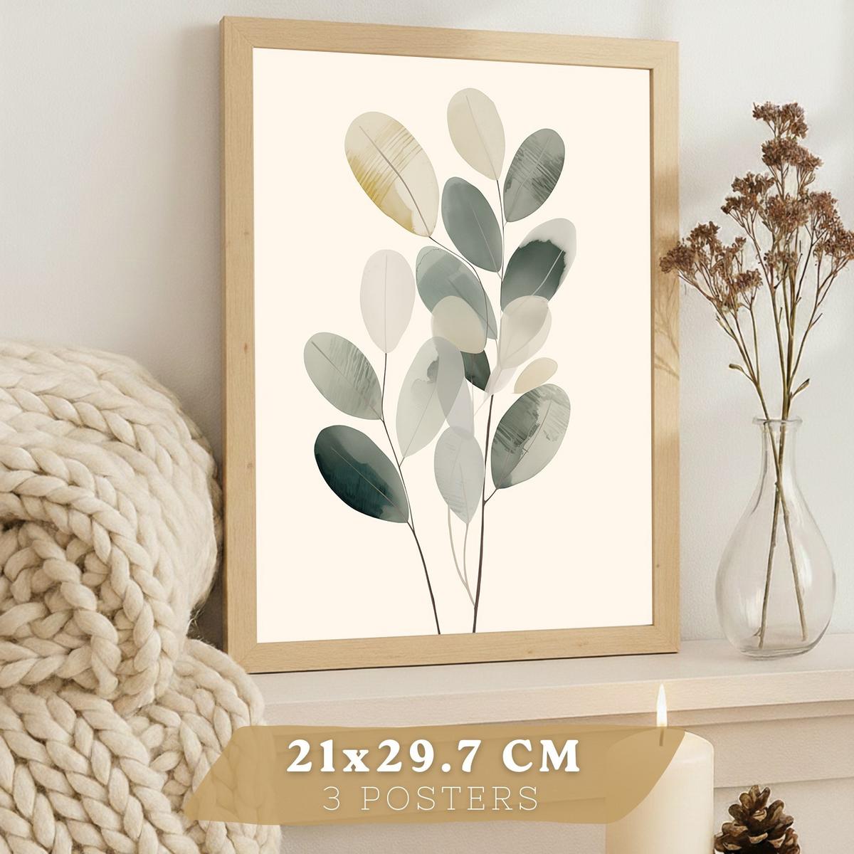 POSTER 3er Bilder-Set Wandbilder Pflanzen Minimalistisch modern Wohnzimmer Deko, Schlafzimmer, Küche, Badezimmer Leichter Holzrahmen A4 - Beige, Papier (29.7/1/21cm) - Nacnic