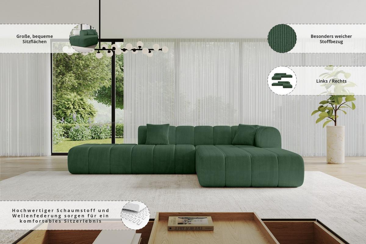 ECKSOFA Ottomane Rechts BILA-L 289x176x71 Grün Cord - Waldgrün/Schwarz, Holzwerkstoff/Kunststoff (289/176cm) - ALTDECOR