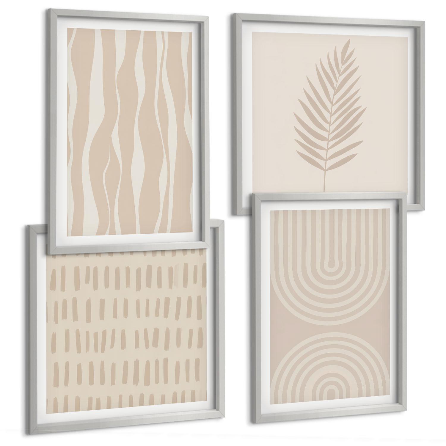 BILDER SET 4er Set - 50x50 cm & 40x60 cm Silberner Rahmen - Beige Pflanzenmuster - Silberfarben, Kunststoff (50/50cm) - TULUP