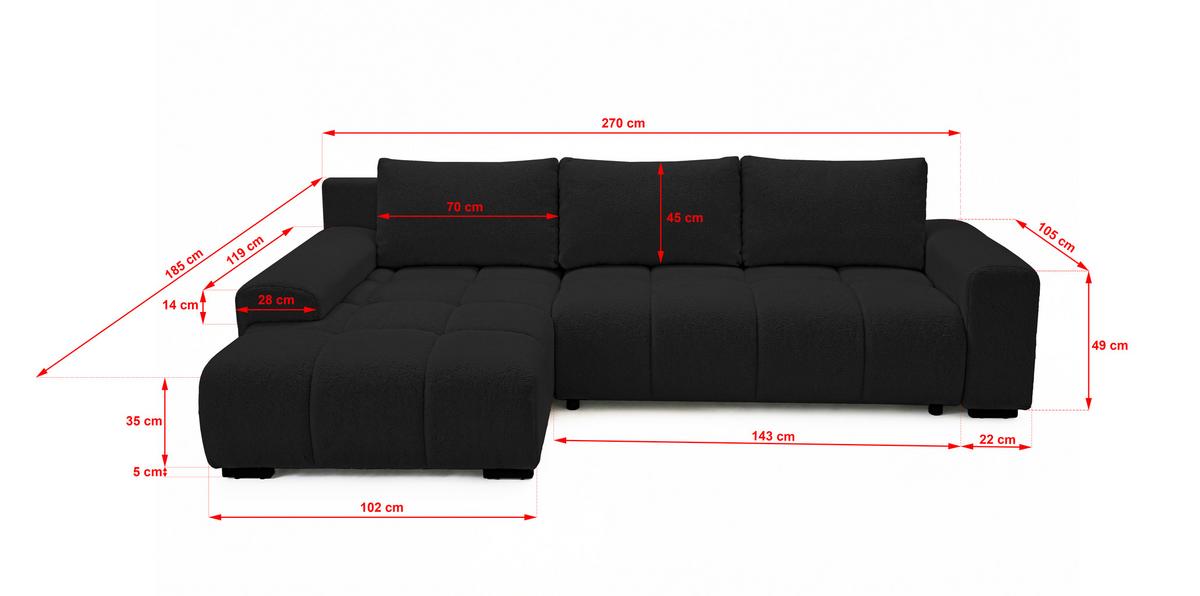 ECKSOFA Ovia mit Bettkasten und Schlaffunktion, Bouclé-Stoff in L-Form - Schwarz, Textil (270/185cm)
