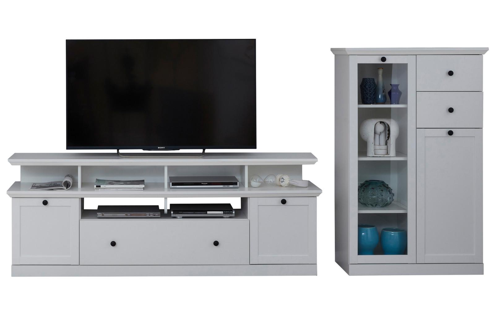 WOHNWAND weiß Set 3-teilig 273 cm, Wohnzimmer Schränke im landhaus-Stil - Silberfarben/Weiß, Glas/Holzwerkstoff (273/180/41cm) - Top.Furn