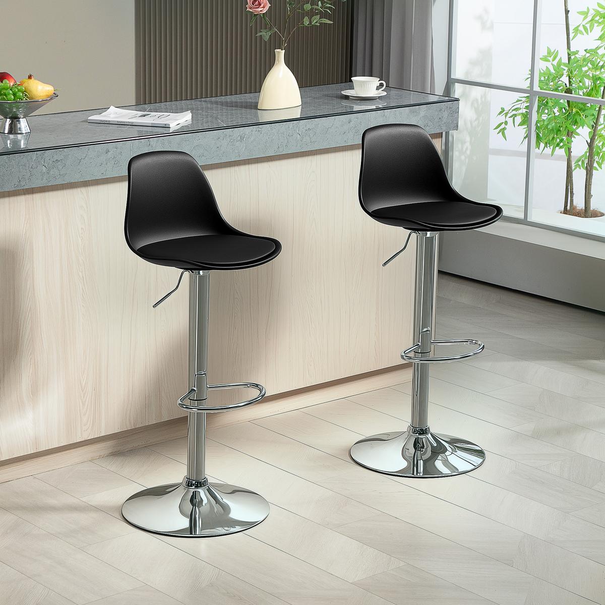BARHOCKER 2er Set, Gepolstert Barstuhl mit Stahlgestell, Lehne für Küche Schwarz - Schwarz, Leder (41/104/42cm) - HOMCOM