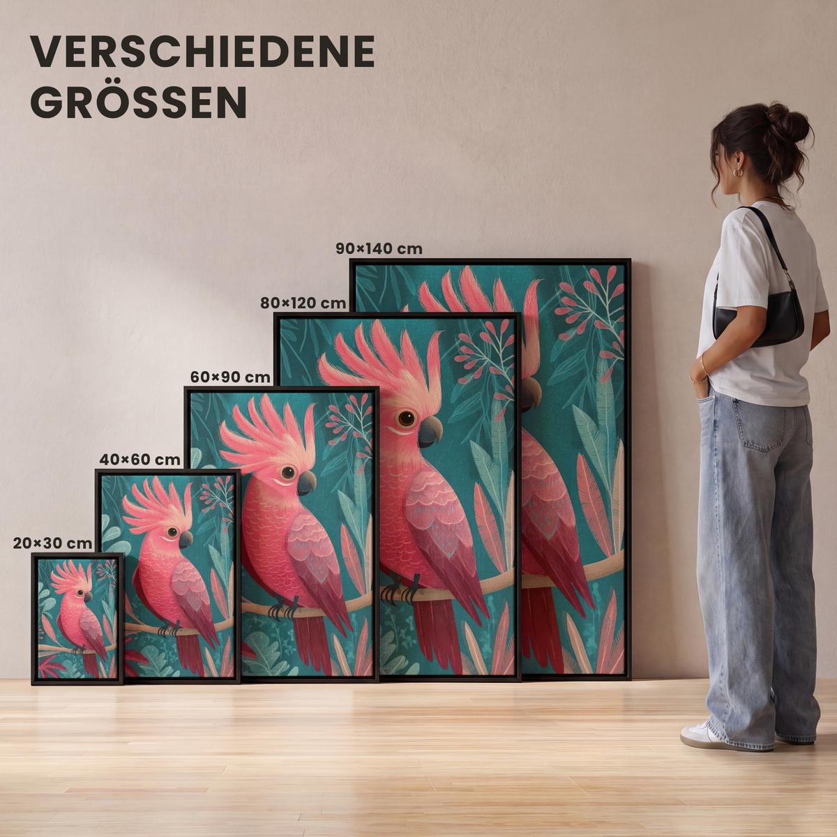 LEINWAND Bilder mit Rahmen - Kakadu - Tropische Blätter - Zweig - 80x120 - Petrol, Textil (80/120cm) - MuchoWow