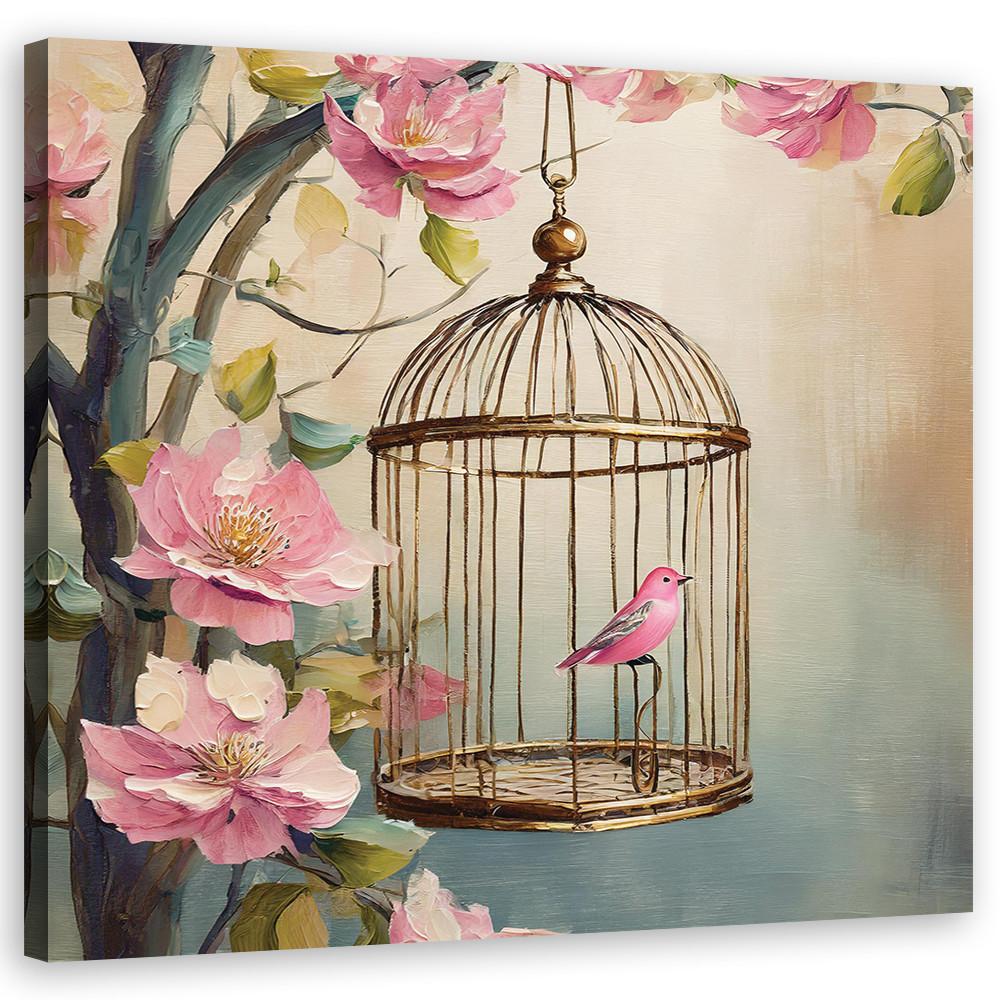 WANDBILD vogel shabby chic blumen - Pink, Textil (50/50cm) - Feeby