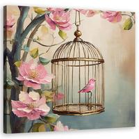 WANDBILD vogel shabby chic blumen - Pink, Textil (50/50cm) - Feeby