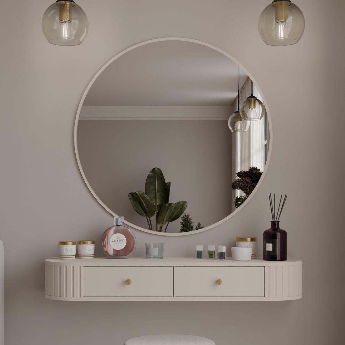 KONSOLENTISCH Halay Beige 2 Schubladen mit runden Kanten + Rund Spiegel 100 cm - Beige/Goldfarben, Holzwerkstoff/Metall (35.9/123/17.5cm) - AX Living