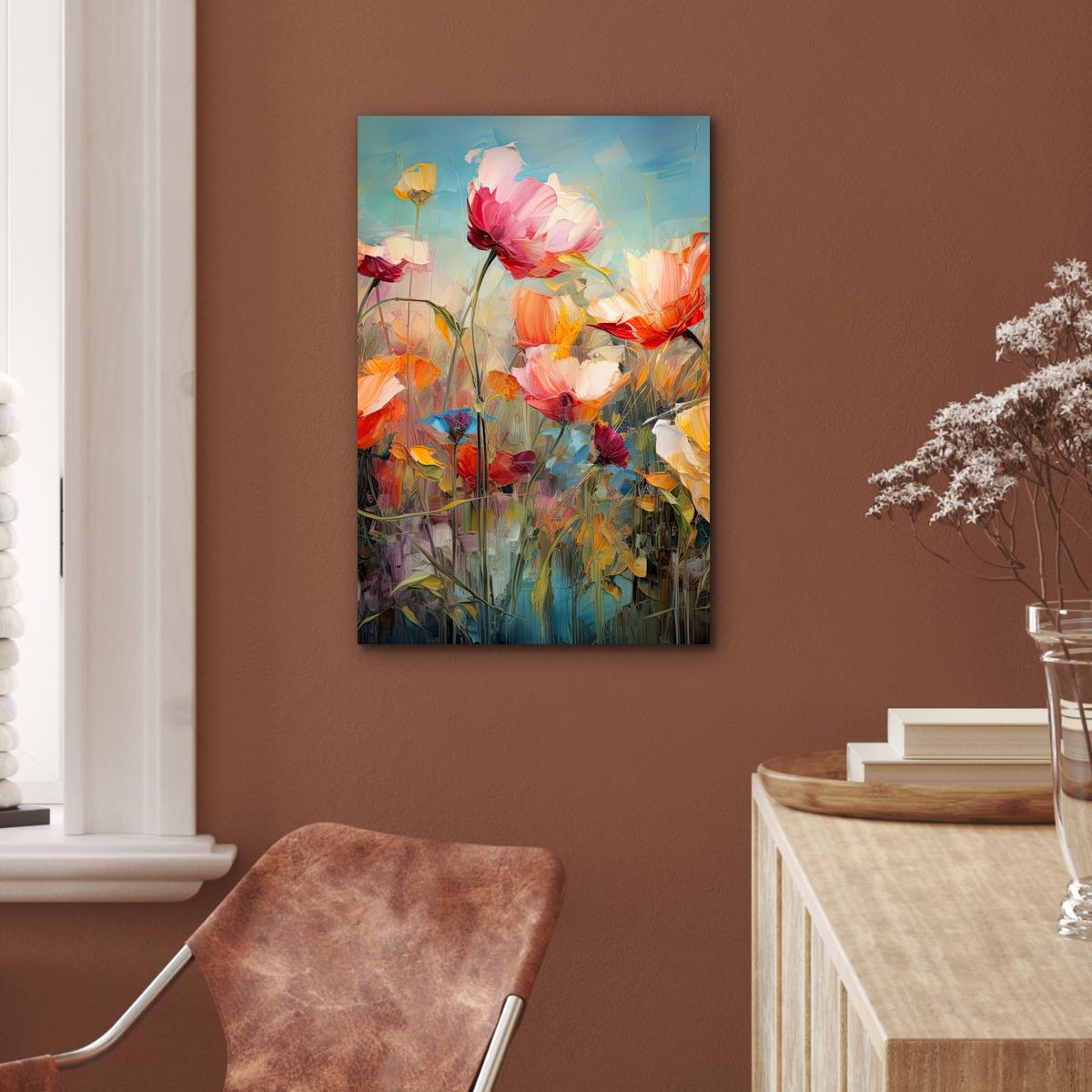 METALLBILD Blumen - Aquarell - Kunst - Botanisch - Natur Deko Schlafzimmer 40x60 cm - Orange, Metall (40/60cm) - MuchoWow