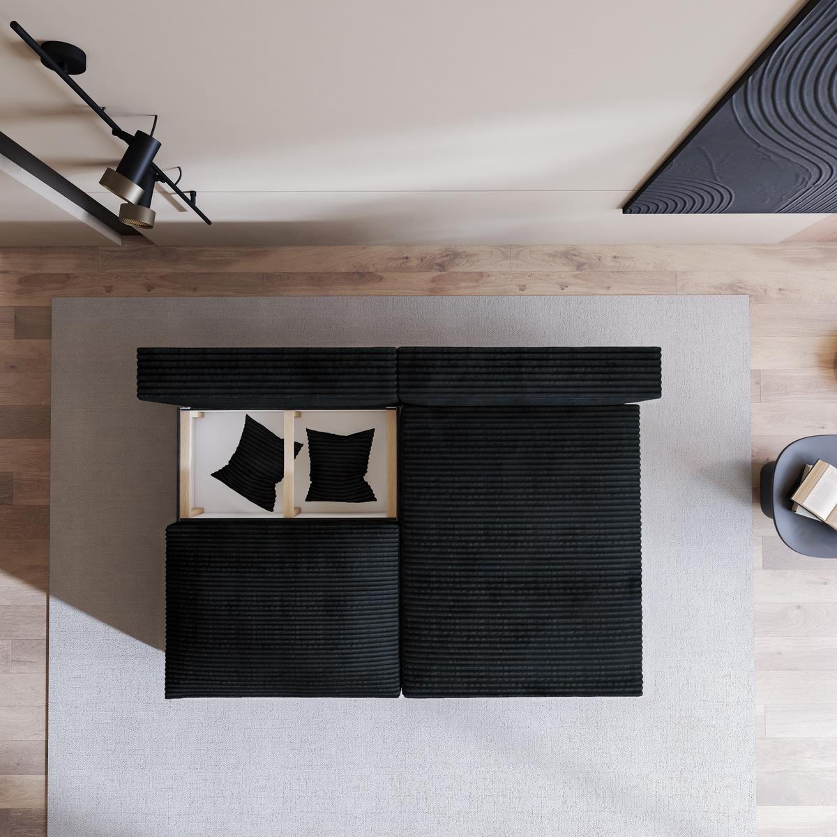 ECKSOFA FIORO Schwarz Kordstoff mit Schlaffunktion - Schwarz, Holz (204/148cm) - MASSENO