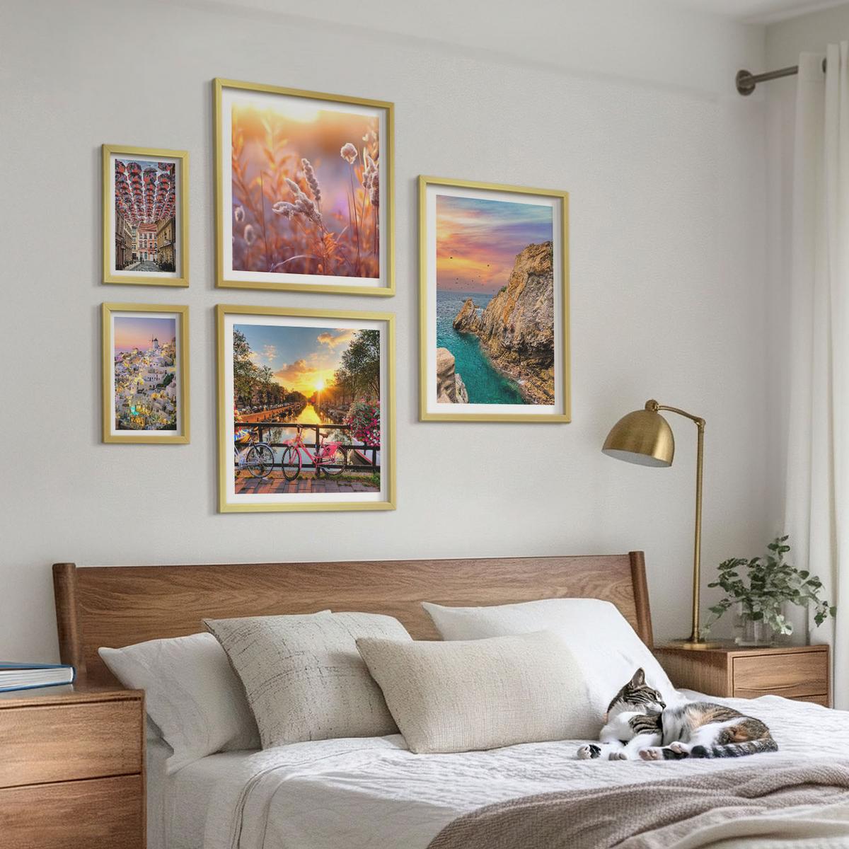 BILDER SET 5er Set - 50x50 cm & 20x30 cm & 40x60 cm Goldrahmen - Sonnenuntergänge am Meer - Goldfarben, Kunststoff (40/60cm) - TULUP