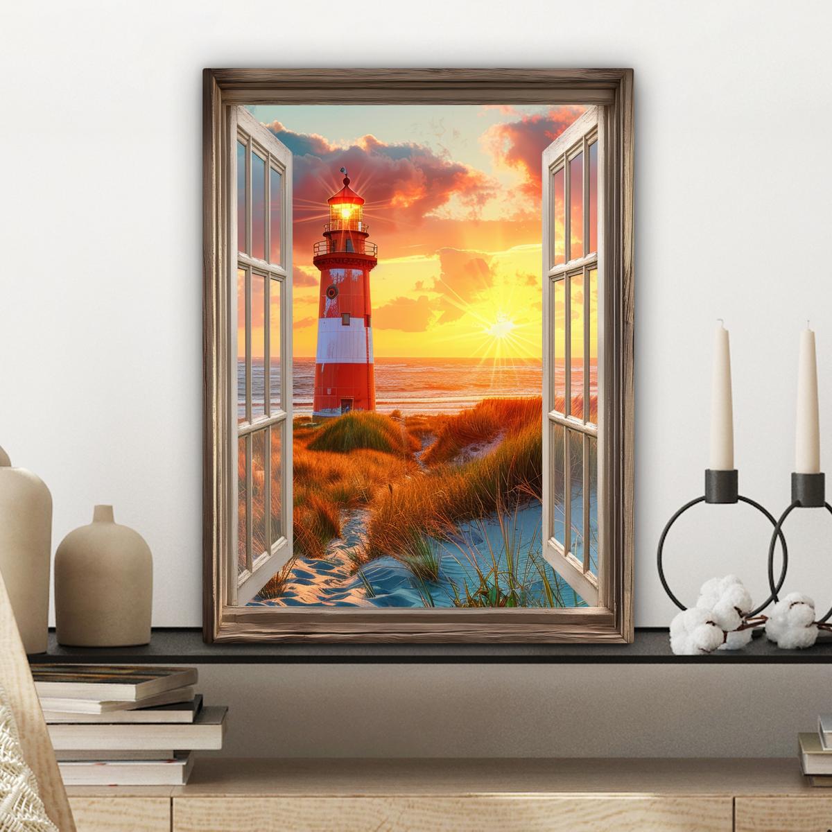 LEINWANDBILD Aussicht - Fenster - Leuchtturm - Sonnenuntergang - Strand Room Decor 30x40 cm - Dunkelorange, Textil (30/40cm) - MuchoWow