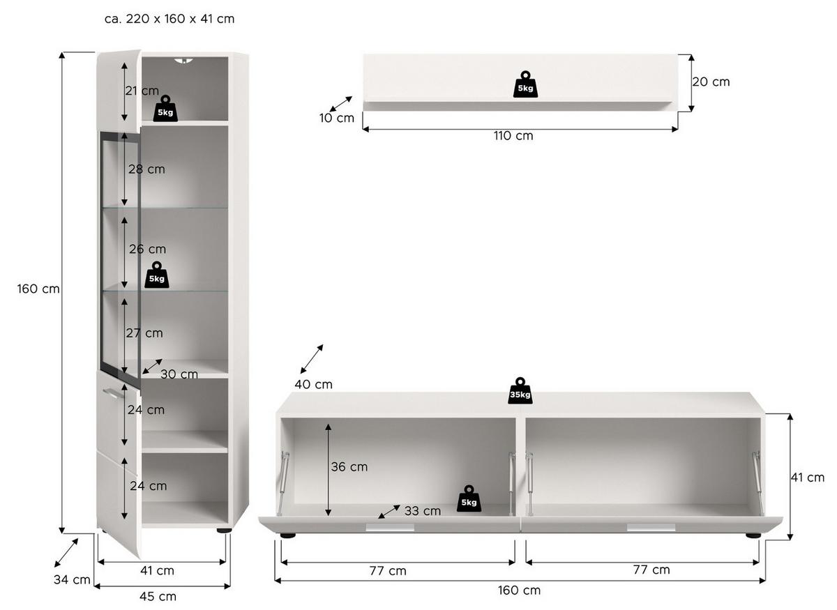WOHNWAND weiß Hochglanz 3-teilig 220 cm, Schrankwand mit viel Stauraum - Weiß Hochglanz/Silberfarben, Glas/Holzwerkstoff (220/160/41cm) - Inn.Furn