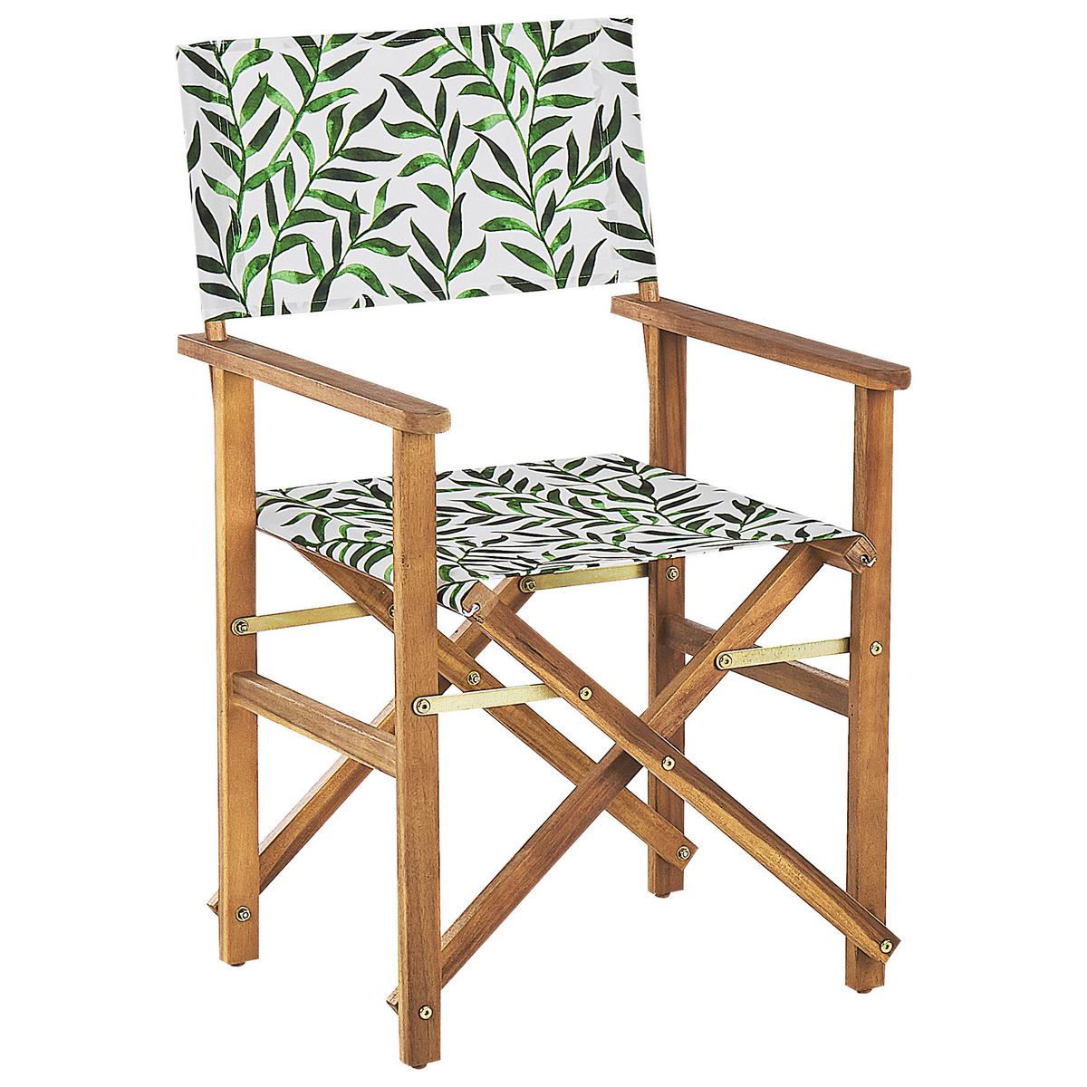 GARTENSTUHL 2er-Set Akazienholz hellbraun Auflagen cremeweiß/grün Blattmuster Cine - Hellbraun/Creme, Holz (50/91/50cm) - Beliani