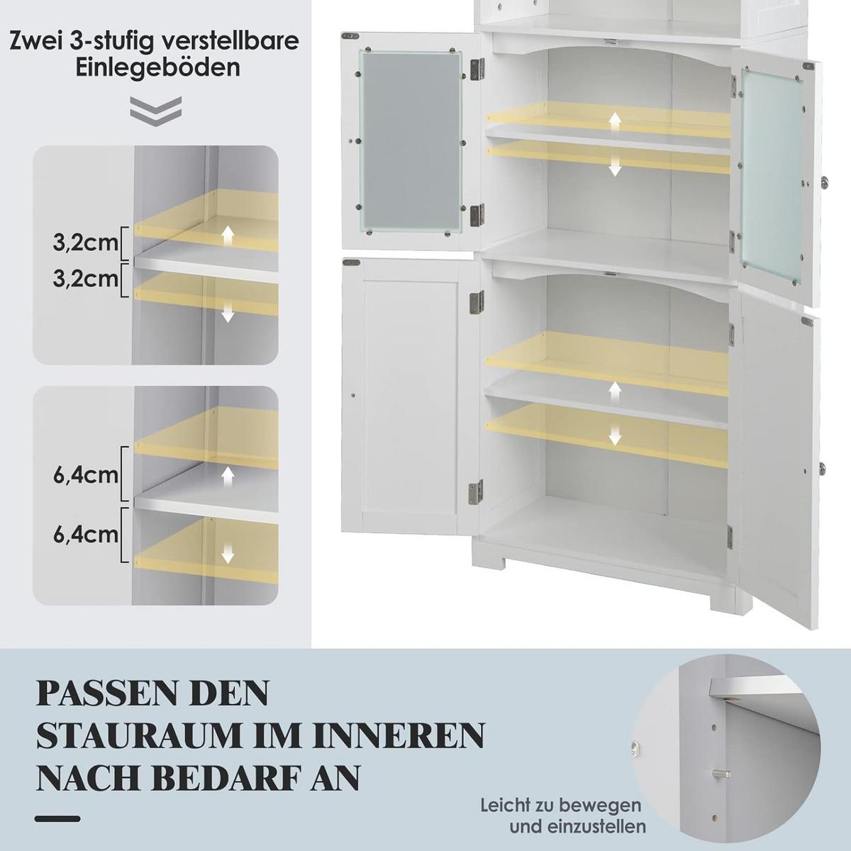 BADSCHRANK mit Glastüren Weiß - Weiß, Holz (60/163/30cm) - COSTWAY