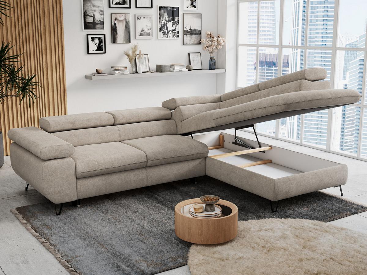 ECKSOFA PETER L Beige Struktur - Rechts Seite - Beige/Schwarz, Textil/Metall (273/208cm) - MKS