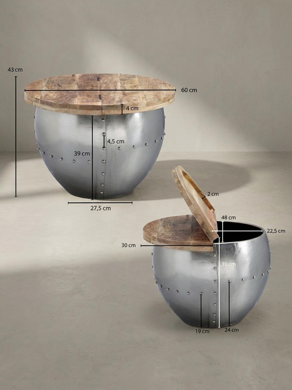 COUCHTISCH Rund in Braun, Massivholz und Metall, Industrial-Stil mit Stauraum - Silberfarben, Holz/Metall (60/60/43cm) - KADIMA DESIGN