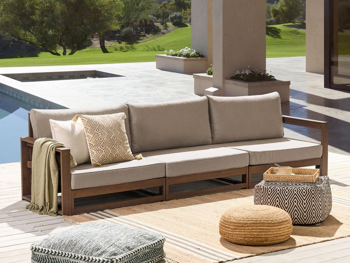 GARTENSOFA 3-Sitzer zertifiziertes Holz dunkelbraun modular Auflagen taupe Timor II - Beige/Braun, Holz (269/72/75cm) - Beliani
