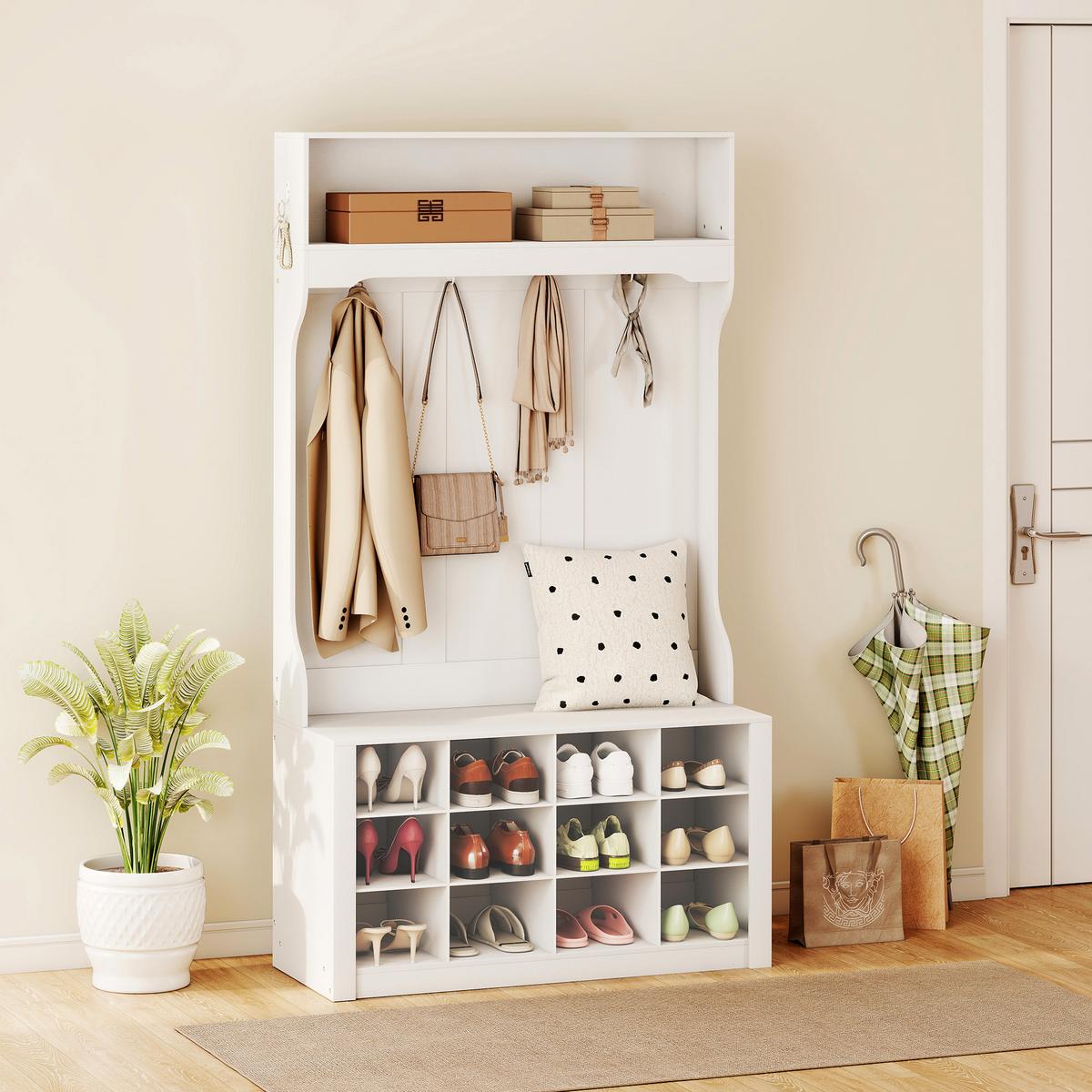 GARDEROBENSTÄNDER mit Sitzbank Kleiderständer mit Schuhregal 6 Haken - Weiß, Holzwerkstoff (100/172.2/35cm) - HOMCOM