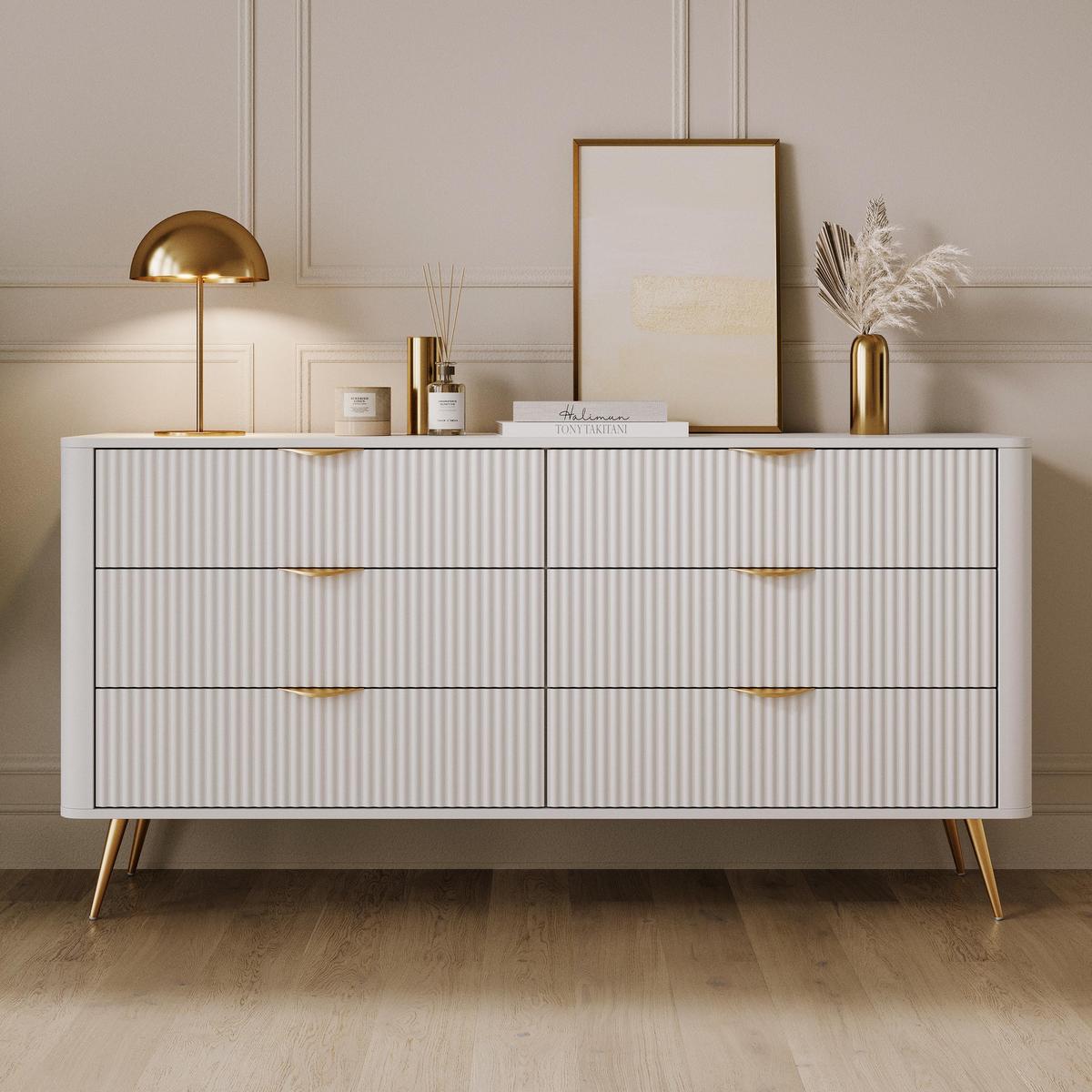 SIDEBOARD Vespasia 6S Beige 163,2/81,2/38 cm – Geriffelte Fronten - Goldfarben/Weiß, Holzwerkstoff/Metall (163/81.2/38cm) - AX Living