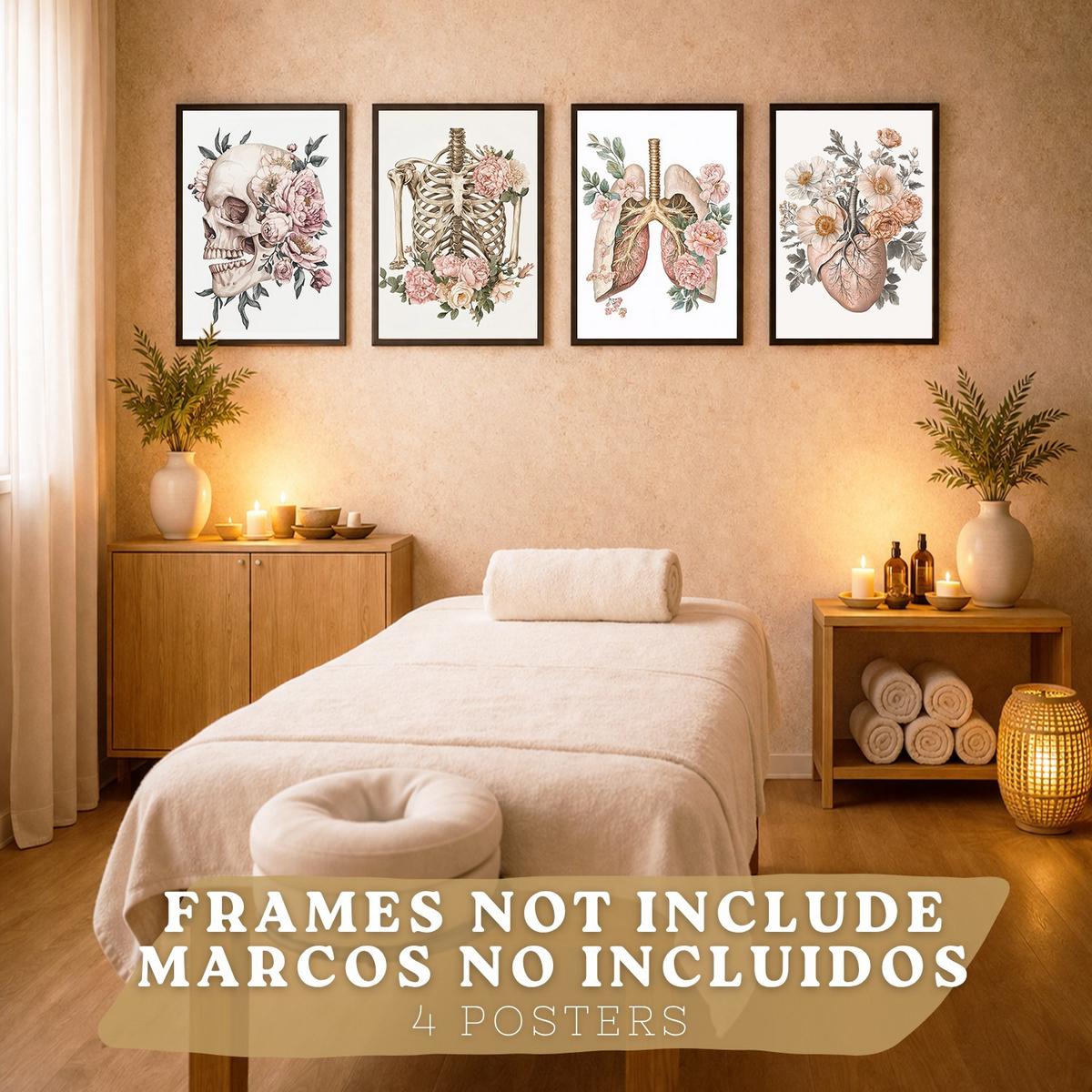 POSTER Set aus 4 Anatomie Mensch Florale Drucke und mit Schädel Herz Lungen und Skelett Botanische Aquarell Illustration dekoration Größe Rahmenlos A4 - Klar, Papier (21/29.7/3cm) - Nacnic