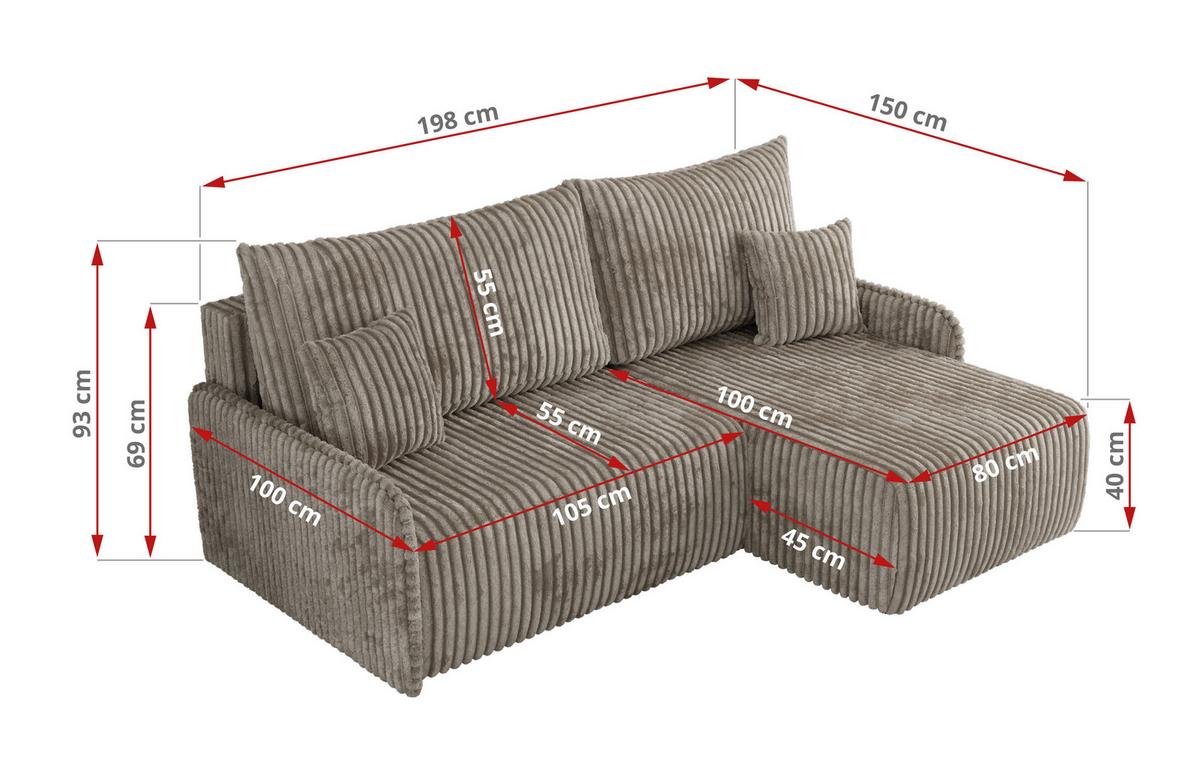 ECKSCHLAFSOFA ARPA L Hellbraun Cord - links - Hellbraun/Schwarz, Kunststoff/Textil (198/150cm) - MKS
