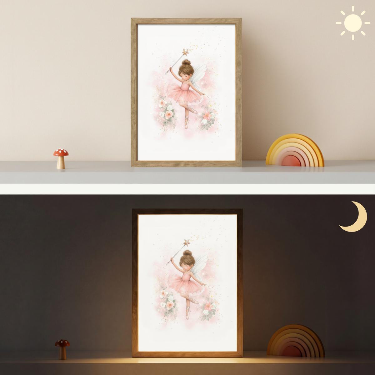 WANDLEUCHTE MIT AKKU Ballerina - Fee - Blumen - Rosa 30x40 cm - Rosa, Holzwerkstoff (30/40/8cm) - OnlyWow