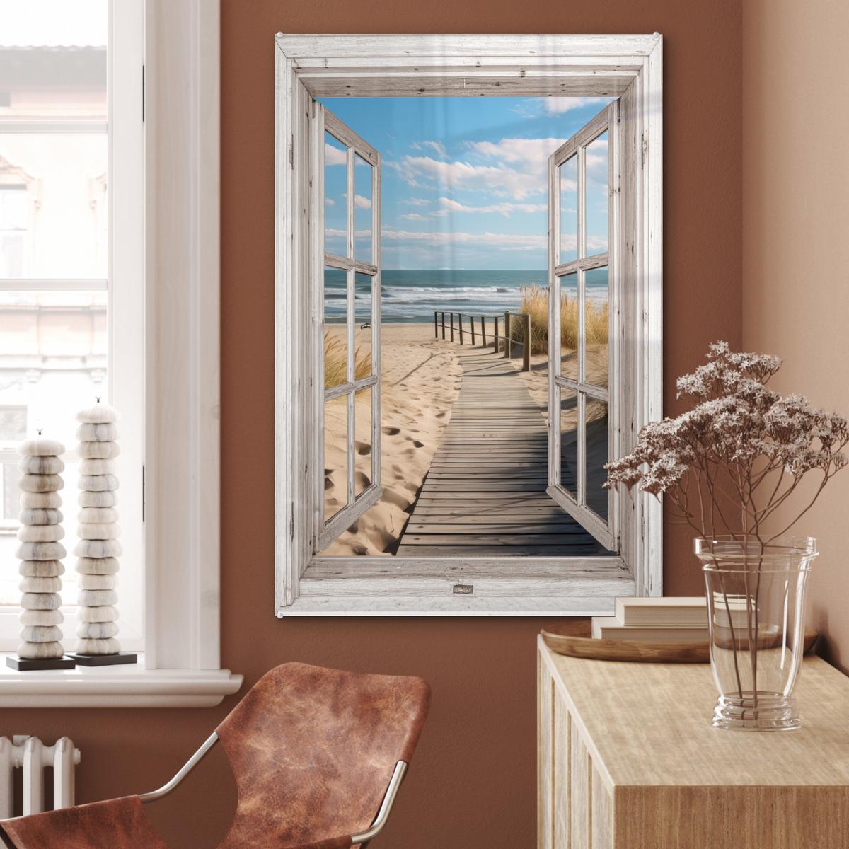 ACRYLGLASBILD Fenster - Meer - Küste - Natur - Ausblick - Strand - Wattenmeer 80x120 cm - Beige, Glas (80/120cm) - MuchoWow